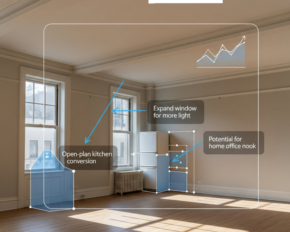 La visión del inversor al comprar para reformar: una imagen que representa el análisis estratégico sobre un espacio con potencial, proyectando su futura revalorización y la creación de valor a través del diseño.