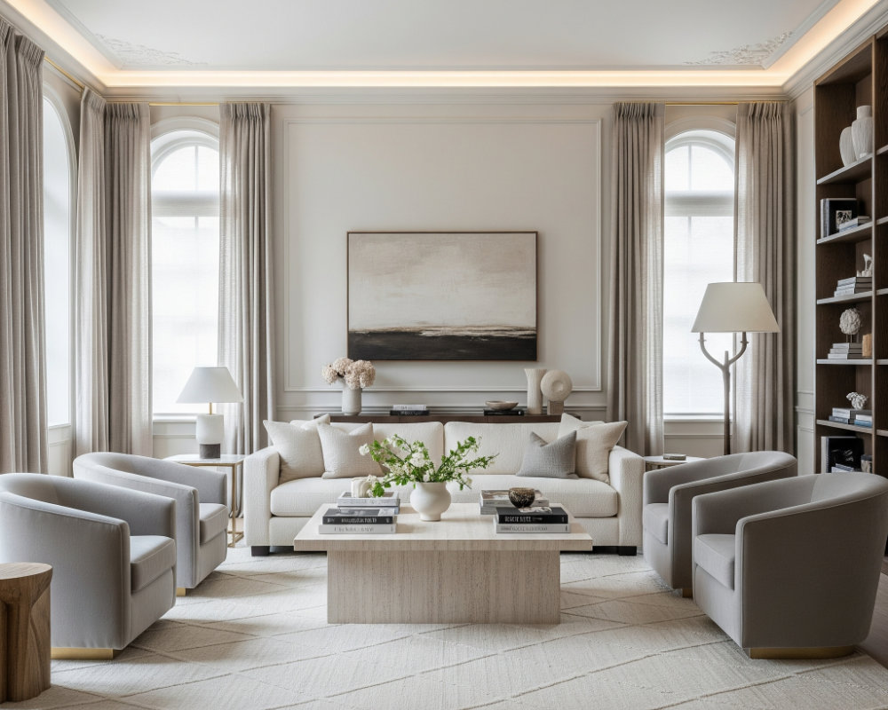 Salón de diseño atemporal que representa el lujo silencioso, con una paleta de colores neutra y materiales nobles como la piedra y la madera.