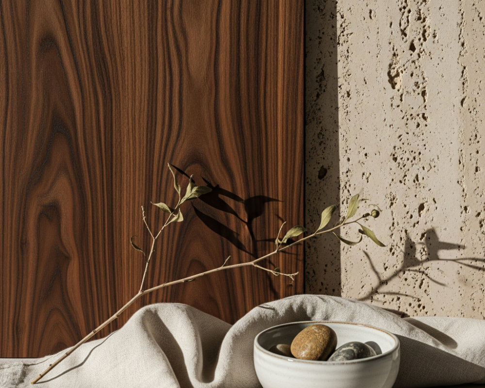 Composición de materiales nobles para el lujo silencioso, mostrando texturas de madera oscura, piedra travertino y tejido de lino natural.