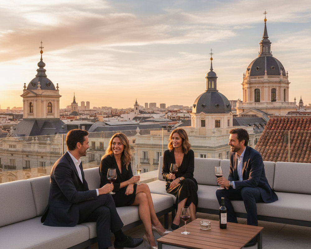 Disfruta del lujo de Vivir en Madrid: un grupo de personas sofisticadas relaja en una azotea con vistas espectaculares de la ciudad al atardecer. Descubre los barrios premium y el estilo de vida exclusivo que te espera en la capital.