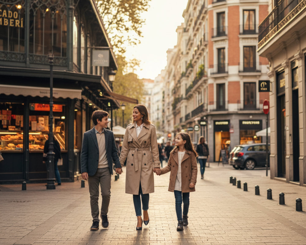 Una elegante familia pasea por las emblemáticas calles de Chamberí, mostrando el equilibrio entre tradición y modernidad. Descubre por qué es un barrio ideal para Vivir en Madrid, combinando autenticidad, cultura y un ambiente familiar distinguido.