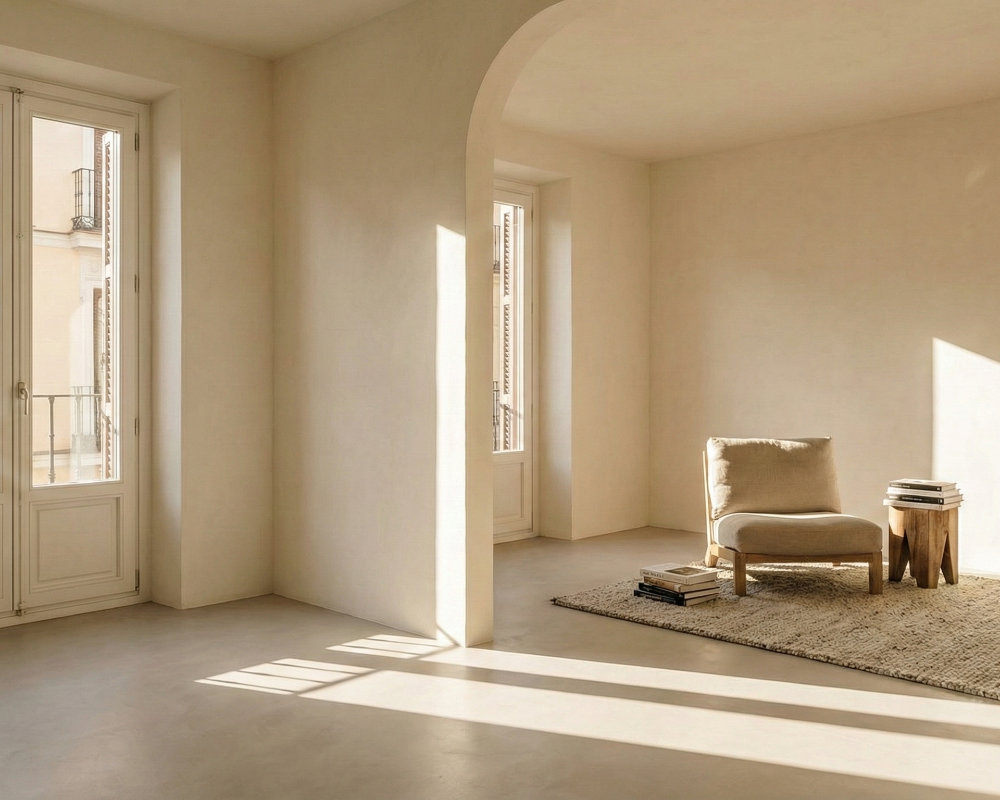 Interior de vivienda neodomos con distribución optimizada para la luz natural y el bienestar.