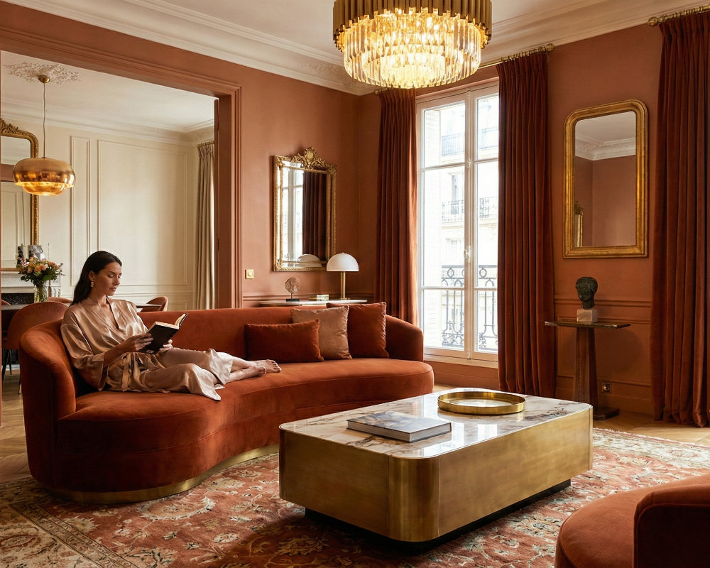 Salón sofisticado de diseño neodomos en Madrid con techos altos, luz natural abundante y un gran olivo interior, amueblado con piezas curvas y texturas suaves siguiendo los principios de la neuroarquitectura para crear un refugio de calma.