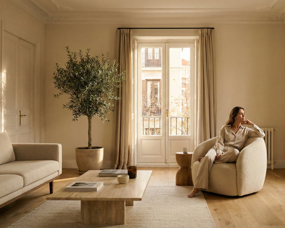 Mujer descansando en un salón luminoso de estilo clásico renovado en Madrid, decorado bajo principios de neuroarquitectura con tonos neutros, muebles de líneas curvas, materiales naturales y un olivo interior frente a grandes ventanales.