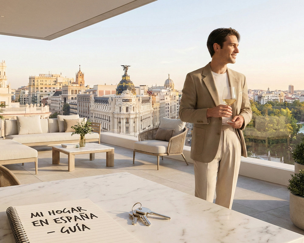 Hombre en terraza de lujo con vistas a Madrid celebrando el éxito de comprar vivienda en España, con unas llaves y una guía legal sobre una mesa de mármol en primer plano.