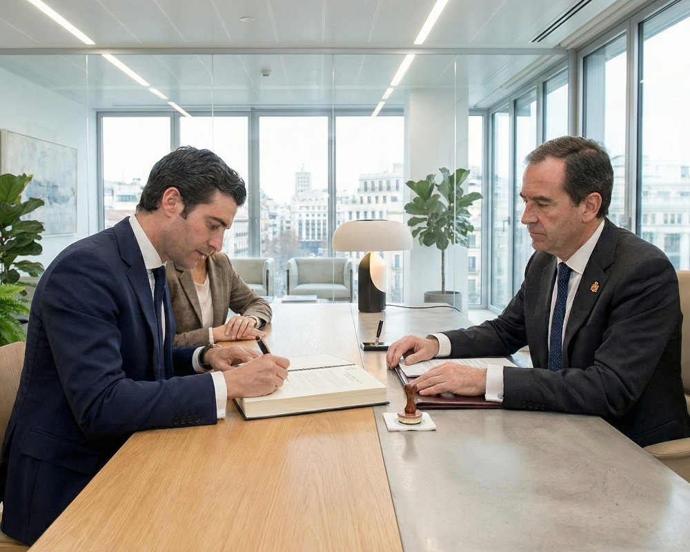 Joven firmando la escritura pública de compraventa ante notario en un despacho moderno y luminoso, finalizando el proceso de comprar vivienda en España con tranquilidad.